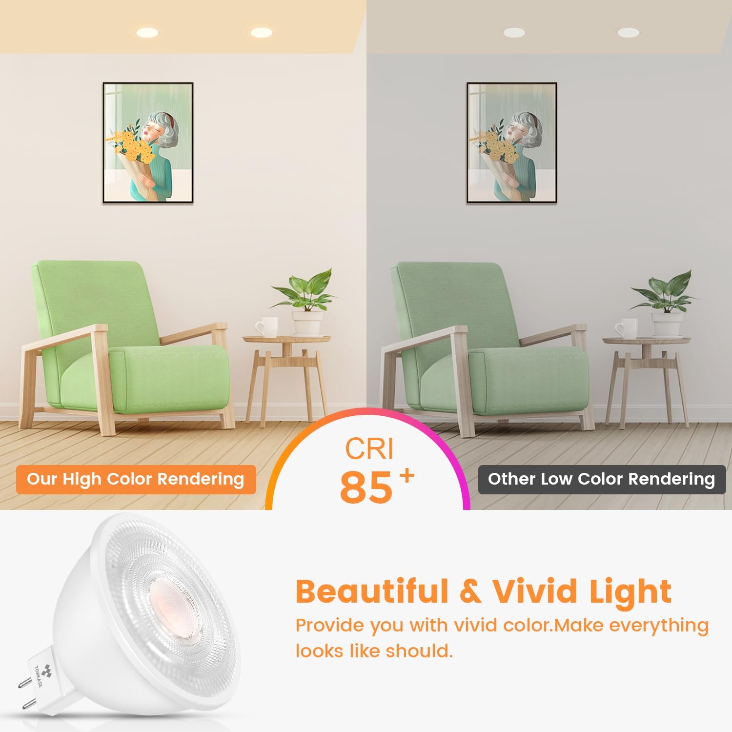 Torkase MR16 LED Bulb, 50W Halogen Equivalent, 5W, GU5.3 12V, Non-Dimmable, 3000K Warm White,