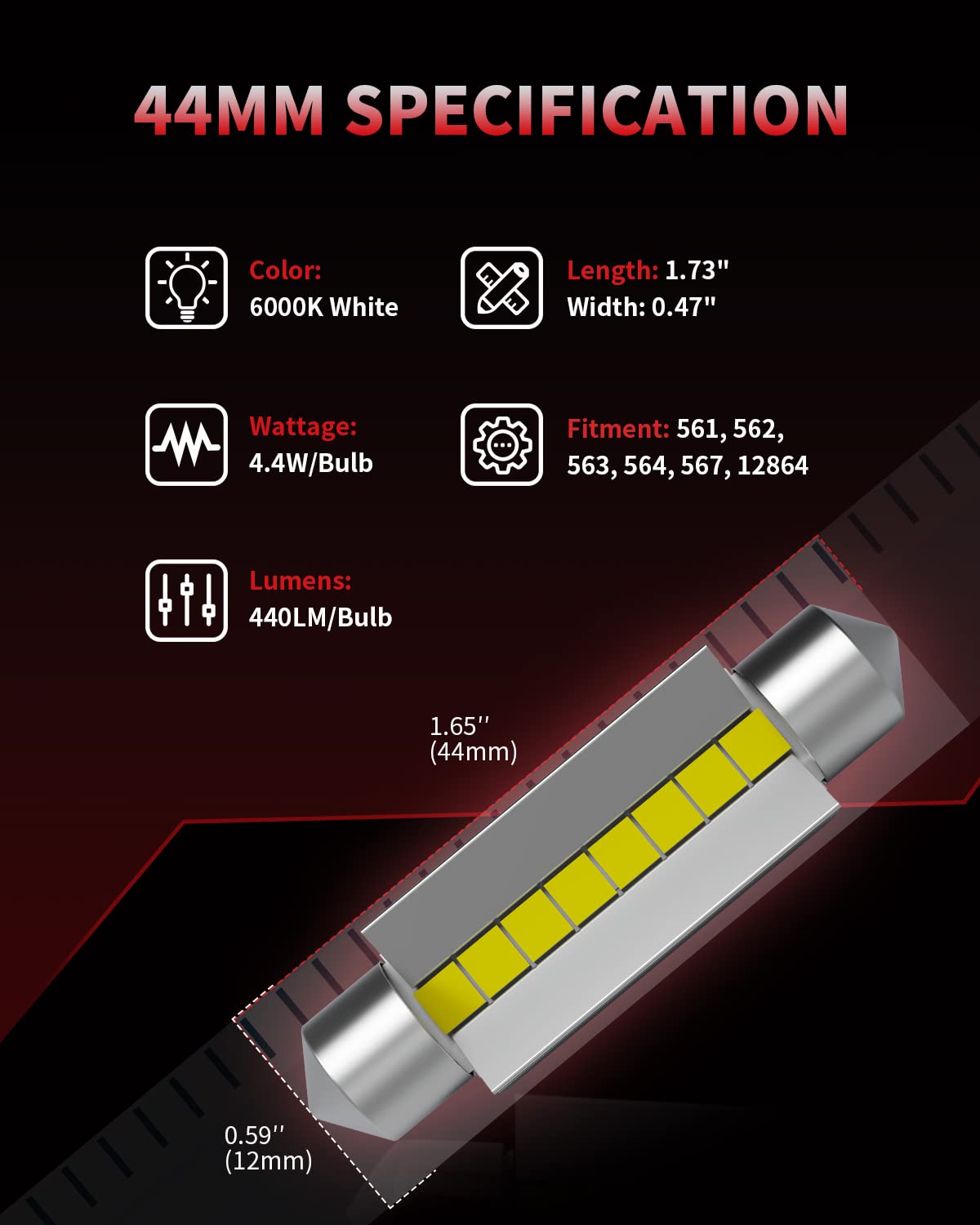 LASFIT 44mm LED Festoon Bulbs, Canbus Error Free, 400LM, 6000K, Xenon White, Pack of 2