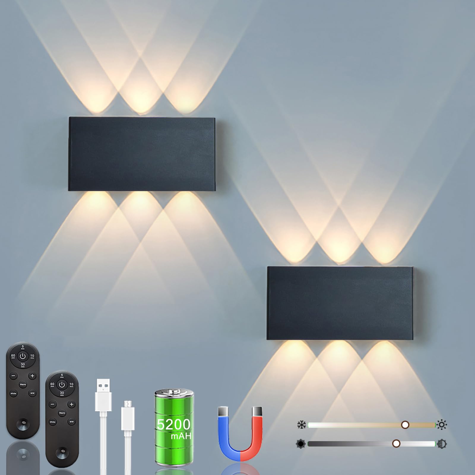 Shelprojsu LED Wall Sconce Set of 2, Rechargeable Battery Operated, Dimmable, Remote Control, Black, Model WA807