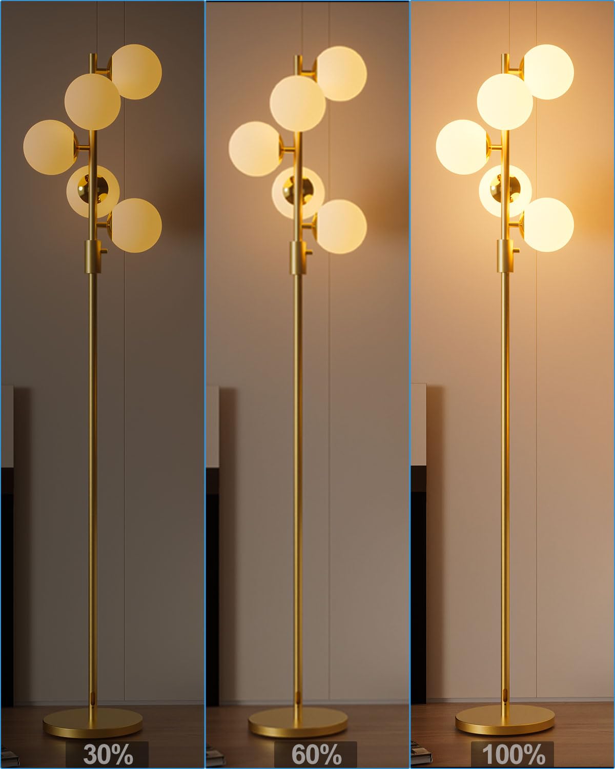 Acohook Dimmable Gold Floor Lamp, 64In Tall Standing Lamps With 5 Globe Soft Warm White Eye Care 3000K G9 Bulbs, Mid Century Mod