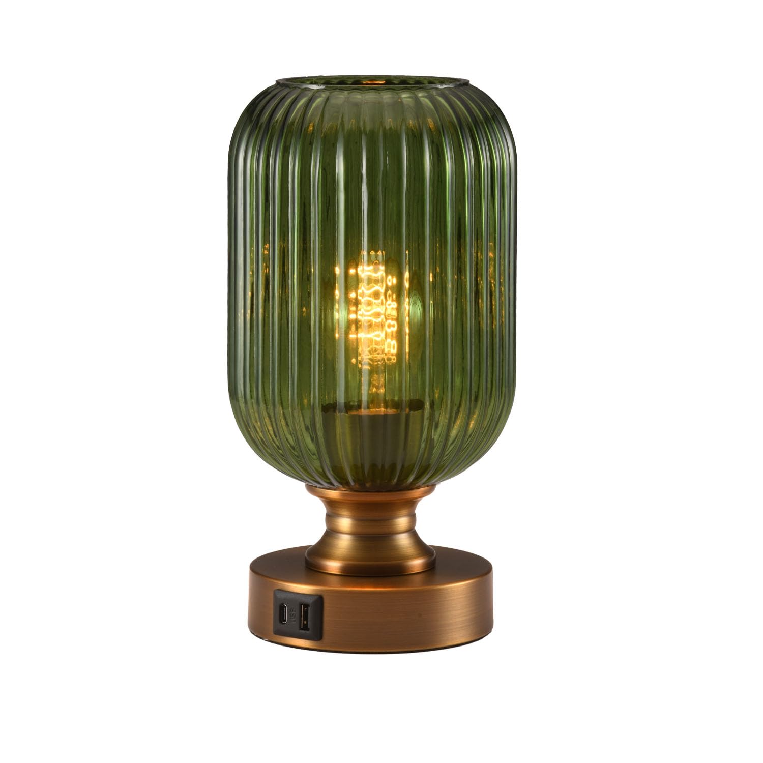 MAINDECO Mid Century Glass Table Lamp,Dimmable Desk Lamp,LED Bulb Included,Touch Control & USB A+C Port,Green Ribbed Glass