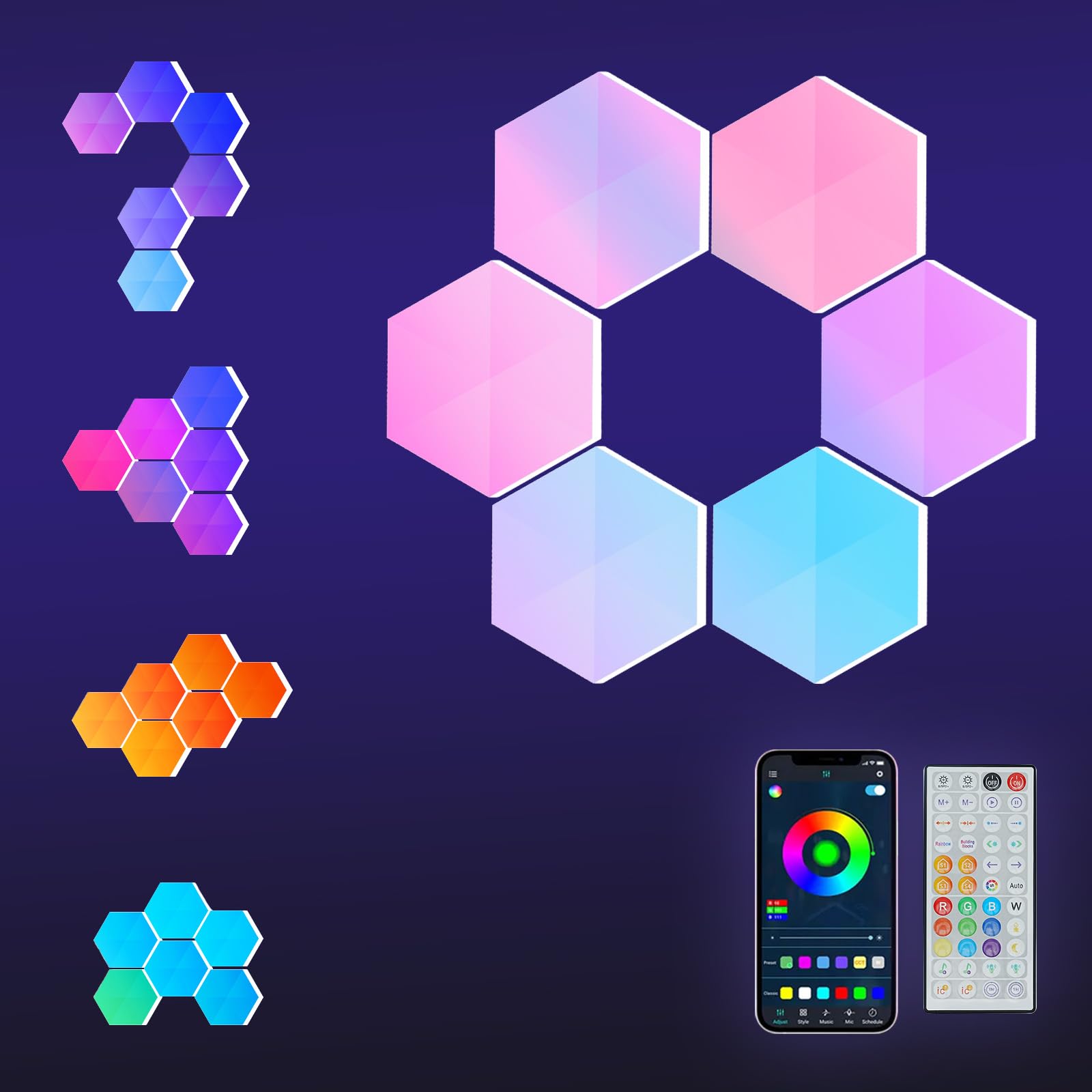 HEDCINLT Hexagon LED Lights - 6 Pack Smart RGB Wall Panels Kit, App & Remote Control, Music Sync, DIY Modular Design for Gaming 
