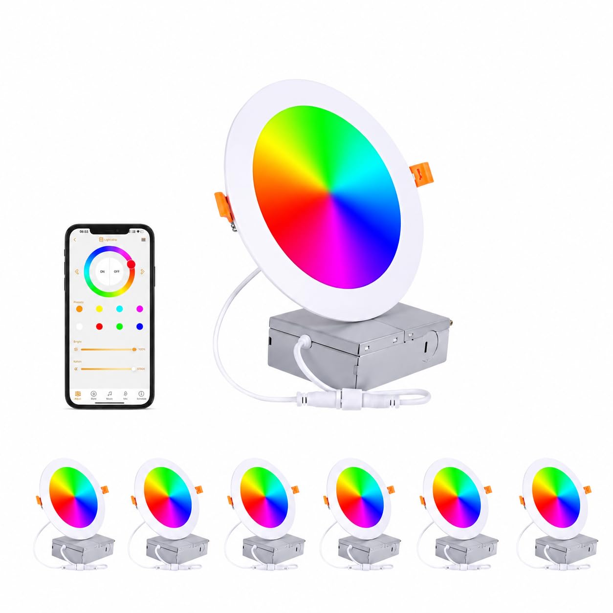 WSL Smart LED Recessed Downlights, 12W 6-inch, RGBCW Color Changing, Alexa and Google Compatible, Bluetooth, Dimmable (6 Pack an