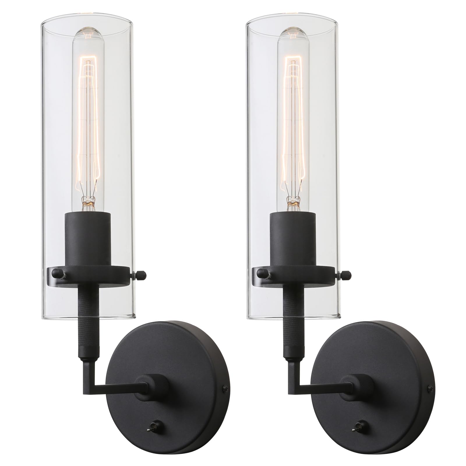 Phansthy Wall Sconces with Switch Set of 2  Modern Bathroom Sconce Wall Lighting Vanity Light with Clear Glass  Wall Mount Lights for Living Room Corridor Mirror Bedroom Stairs (Black 2 Pack)