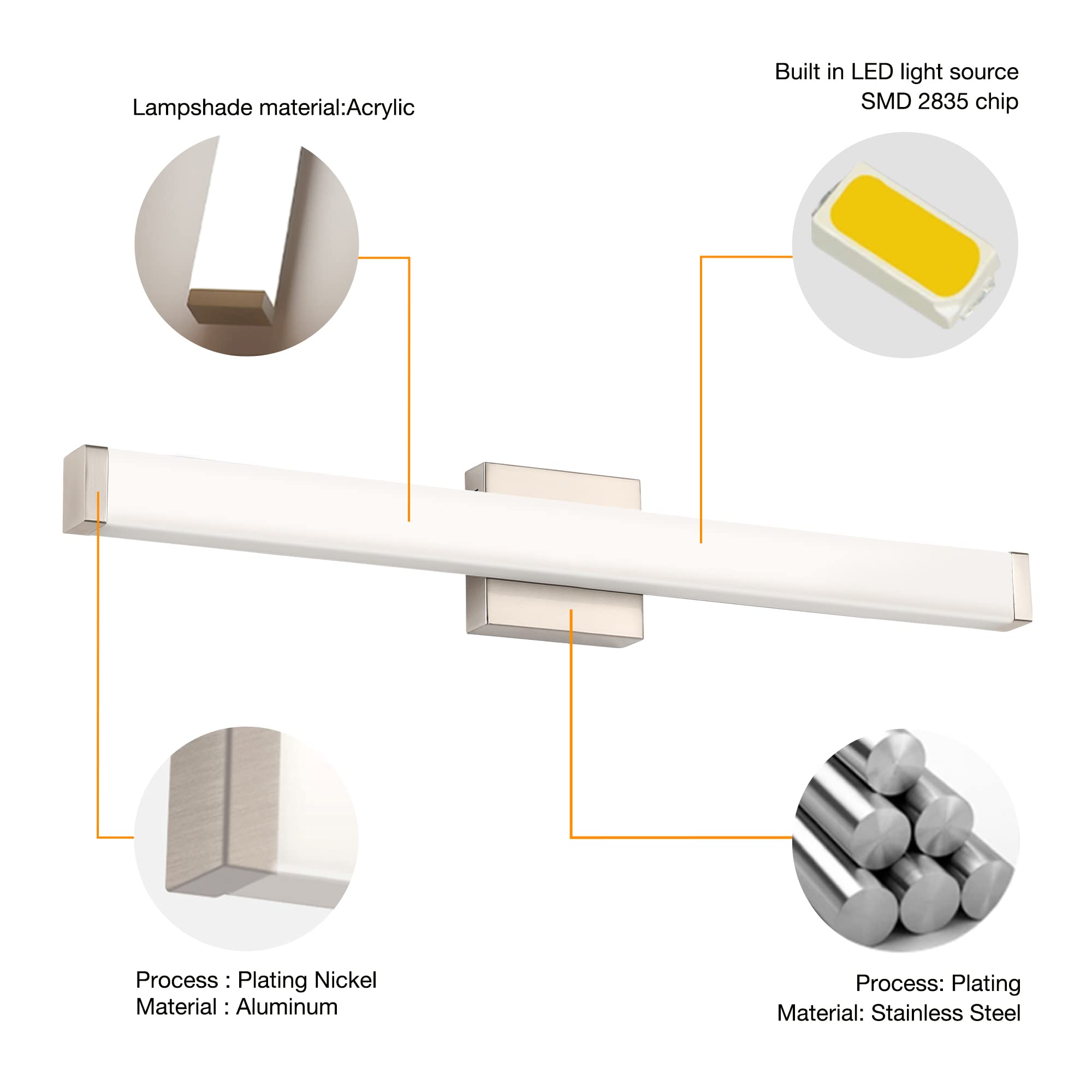 YHTlaeh 24" Bathroom Vanity Light, Brushed Nickel, 14W LED, 4000K Natural White, 33.5" 5CCT Dimmable, Model