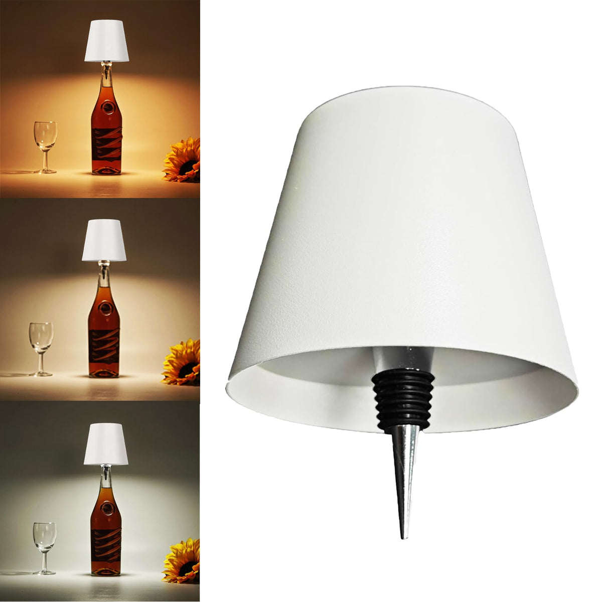 Cute LED Wine Bottle Lamp,3 Color Wireless Bottle Table Lamp, Touch Control Wine Bottle Night Light, Rechargeable Led Bedside Lamp, Embed Portable Bottle Lights for Livingroom/Restaurant/Bar (White)