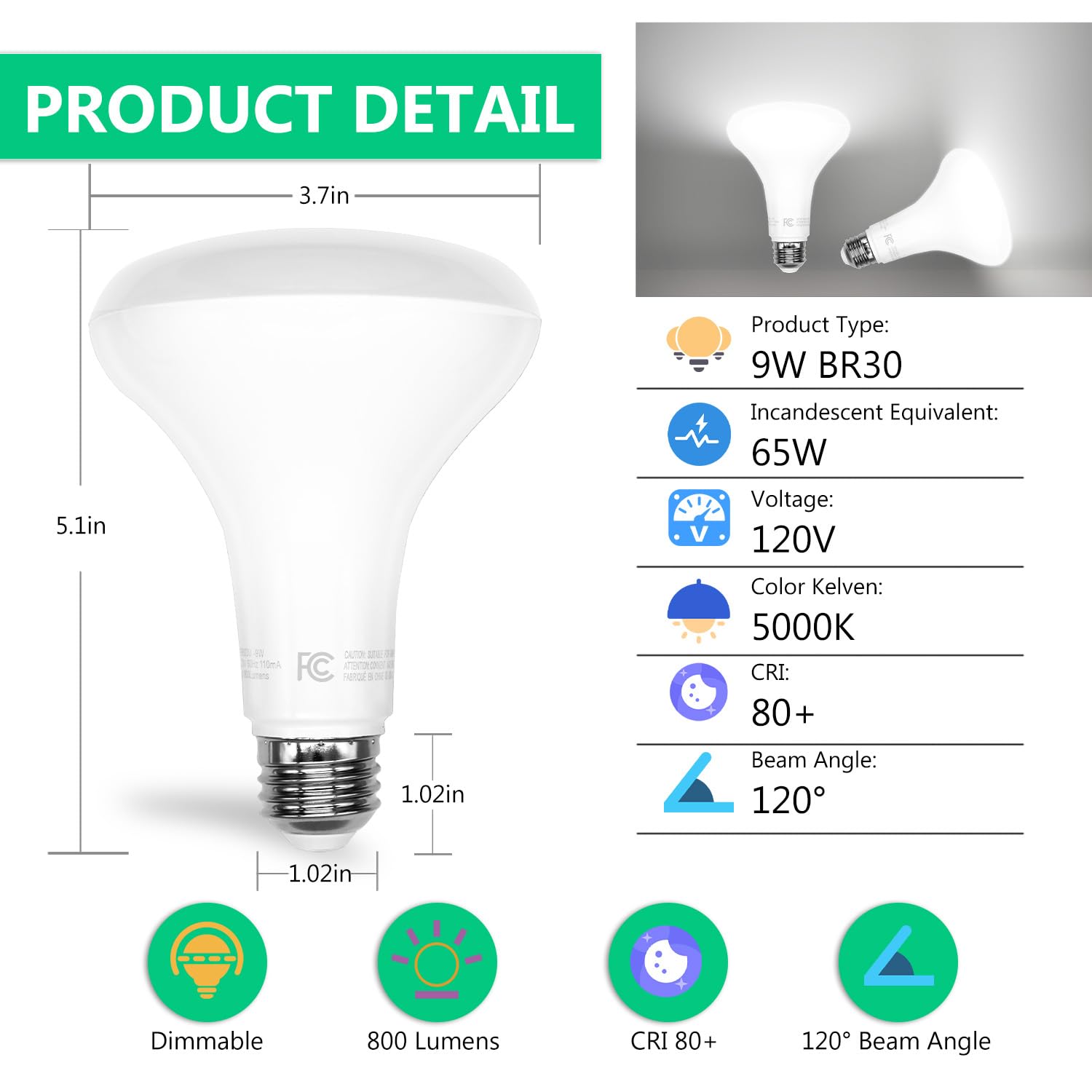 Daybetter Br30 Led Light Bulbs Indoor Flood Light, 5000K Daylight White Led Bulb 65W Equivalent, Dimmable, E26 Base, 800Lm, Rece