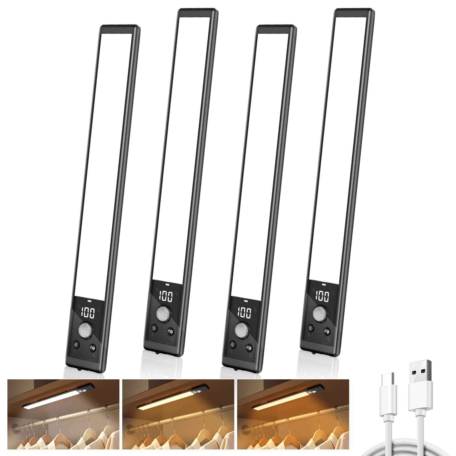 Mpotmiy 4 Pack 12 Under Cabinet Lights with Digital Display 2200mAh Rechargeable Motion Sensor Light Indoor 3 Color Temperatures  Magnetic Dimmable Closet Lights  Under Counter Light for Kitchen