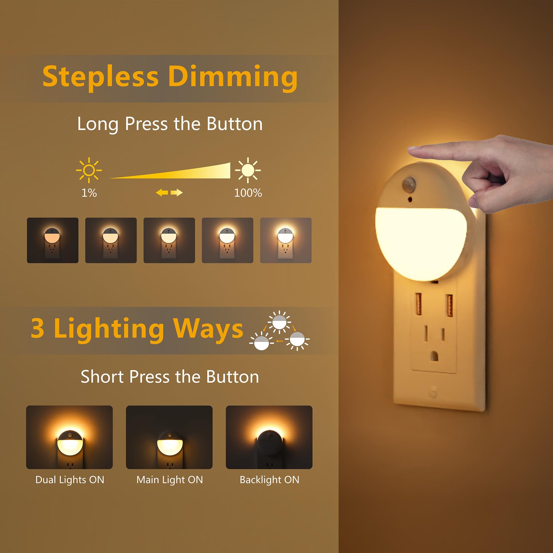 YUNLEX Night Light 2 Pack with Motion & Dusk Sensor, Warm White LED, 3 Sensor Modes, Ideal for Bathroom, Bedroom, Kitchen