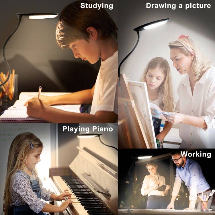 LiFMIRA Clip-On Lamp, USB Reading Light, 3 Color Modes, 10 Brightness Levels, 8W, Flexible Gooseneck, Matt Black, Eye-Caring Bed Light