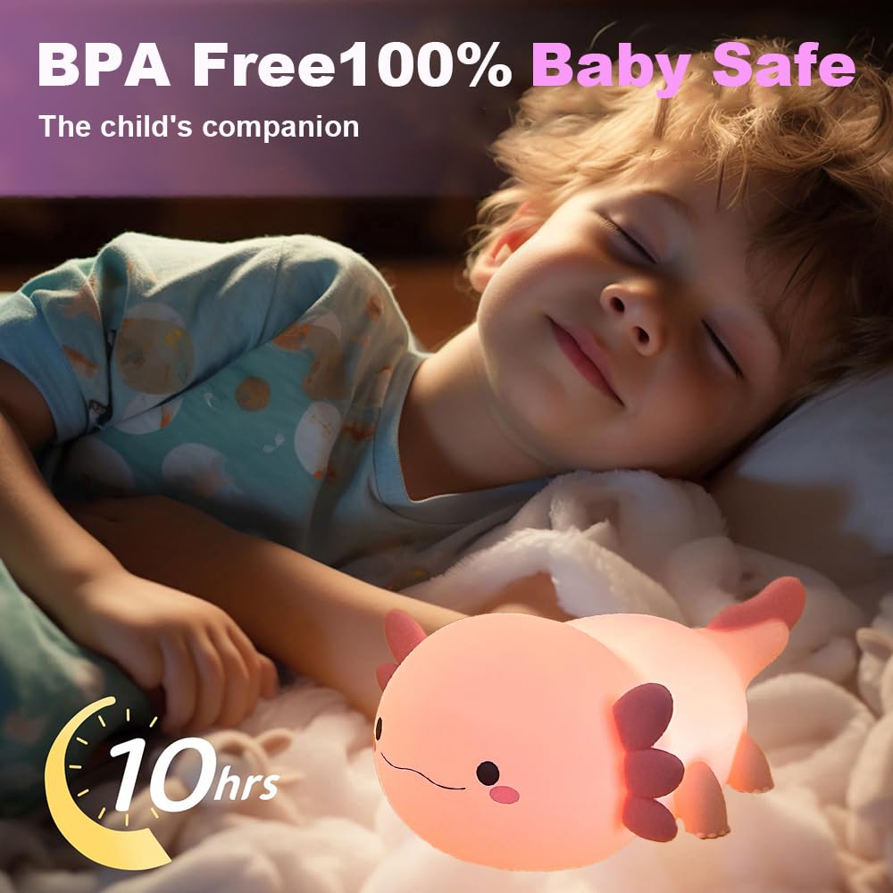 Pink Axolotl Night Light For Kids Bedroom, Animal Silicone Nursery Night Lamp Touch Dinosaurs Nightlights Usb Rechargeable Bedsi