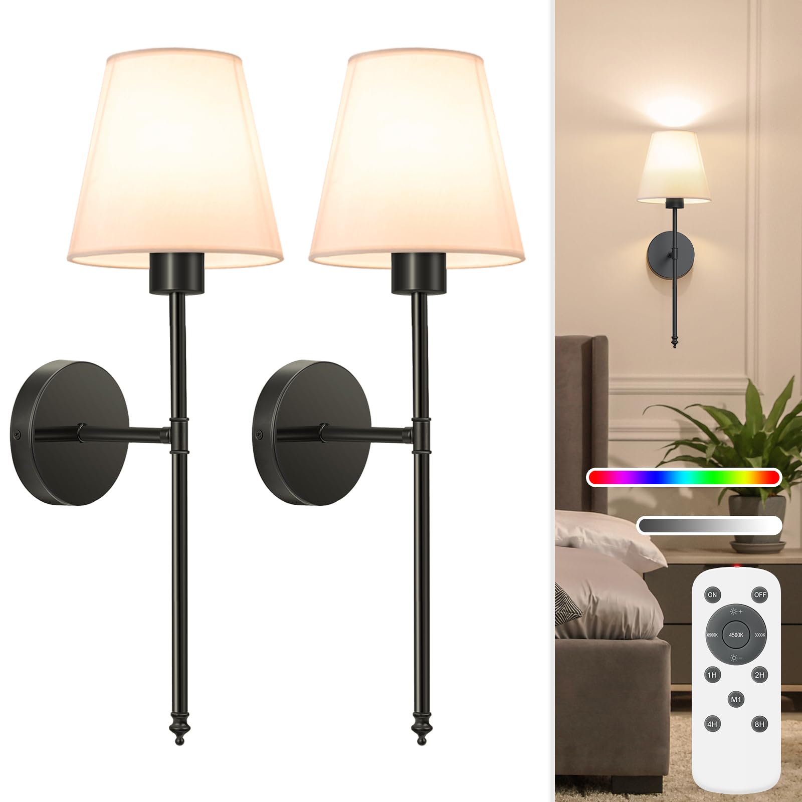 NIORSUN Wall Sconce Set of 2, 19.9 inch Black Battery Operated Lights, Dimmable Detachable Bulbs, Remote Control, Model SW025