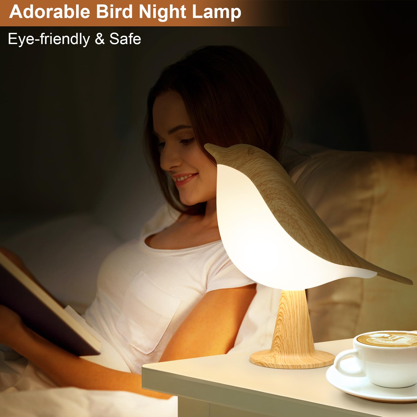 VoMii Bird Lamp 2-Pack - Dimmable Touch Table Lamps, USB Rechargeable, Maple Color, Adorable Night Light for Kids and Adults