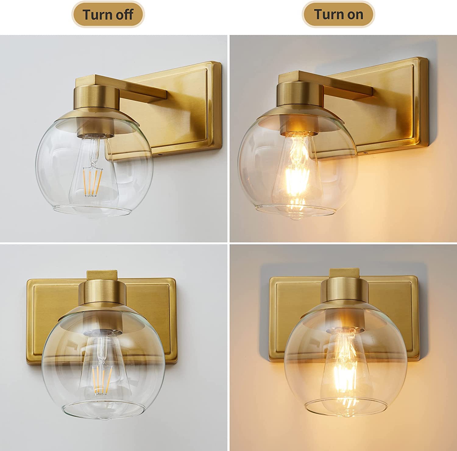 Pazala 2 Pack Brushed Brass Sconces Wall Lighting Set Of 2 For Bedroom Bathroom Wall Lights Fixtures, Clear Globe Glass Lamp,Wal