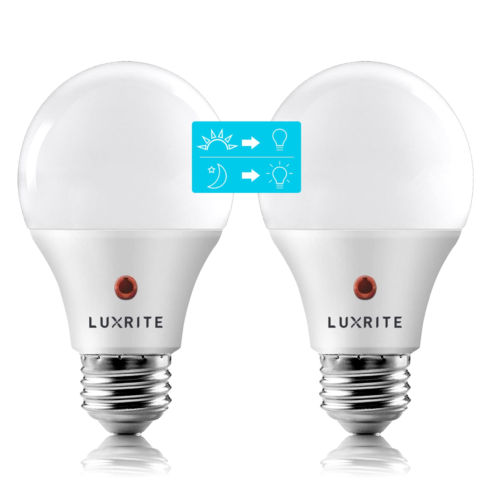 LUXRITE A19 LED Light Bulbs, 60W Equivalent, 5000K Bright White, 800 Lumens, Dusk to Dawn, E26 Base, 2 Pack