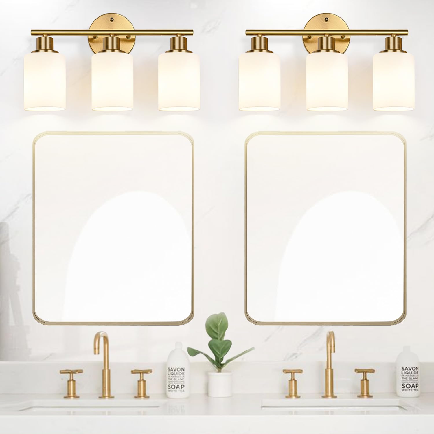 Zarbitta 3-Light Bathroom Light Fixtures, Brushed Gold Vanity Light, Farmhouse Wall Lights With Milky White Frosted Glass Shades