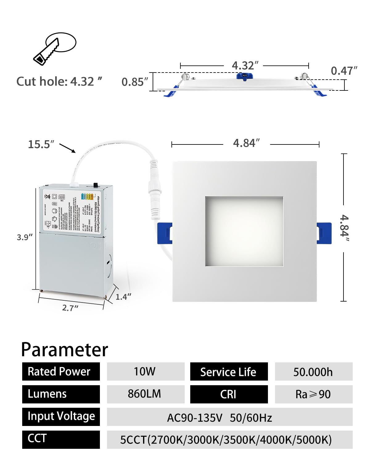 Adetu 12 Pack 4 Inch Square Led Recessed Lighting  5Cct Ultra Thin Square Led Ceiling Light With Junction Box  10W 860Lm  Cri90  2700K-5000K Selectable  Dimmable Canless Downlight  Etl And Energy Star