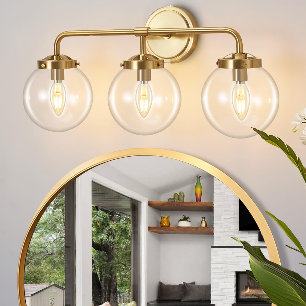 Deyidn Gold Bathroom Vanity Light Fixtures, Modern Brass 3-Light Wall Sconce, Transparent Glass Ball Shade, Model 1758