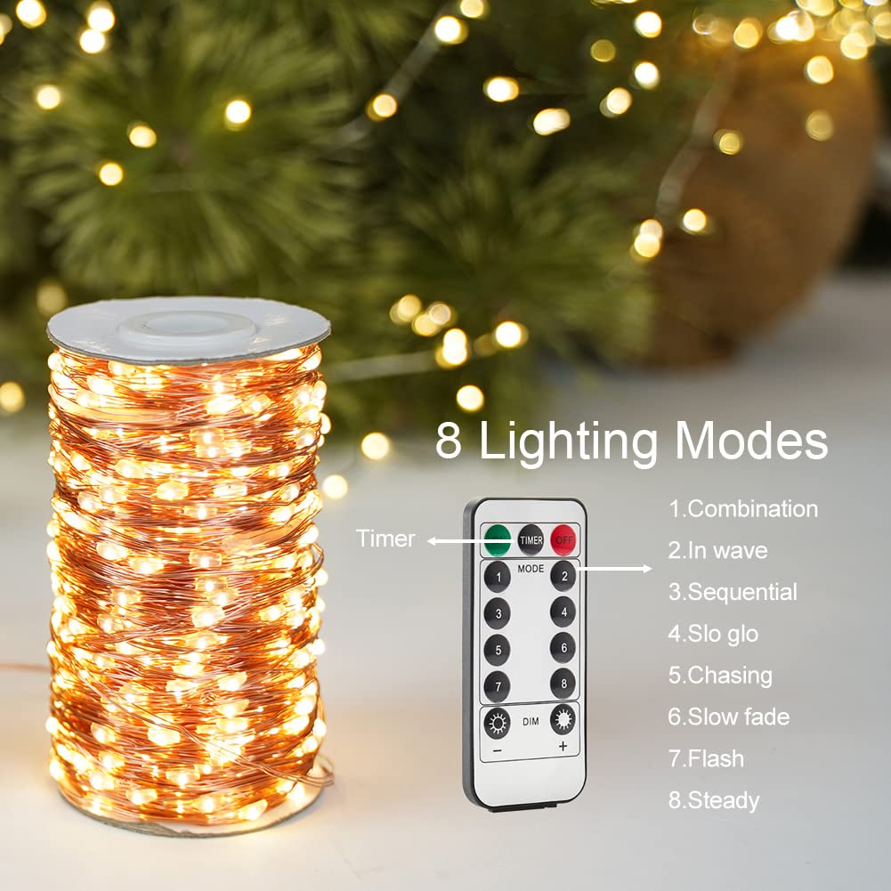 Resnice 328Ft Extra Long Fairy Lights Plug In Waterproof Outside Copper Wire String Lights With Remote 1000 High-Bright Leds For Garden, Porch, Patio, Christmas Wedding Party Decoration