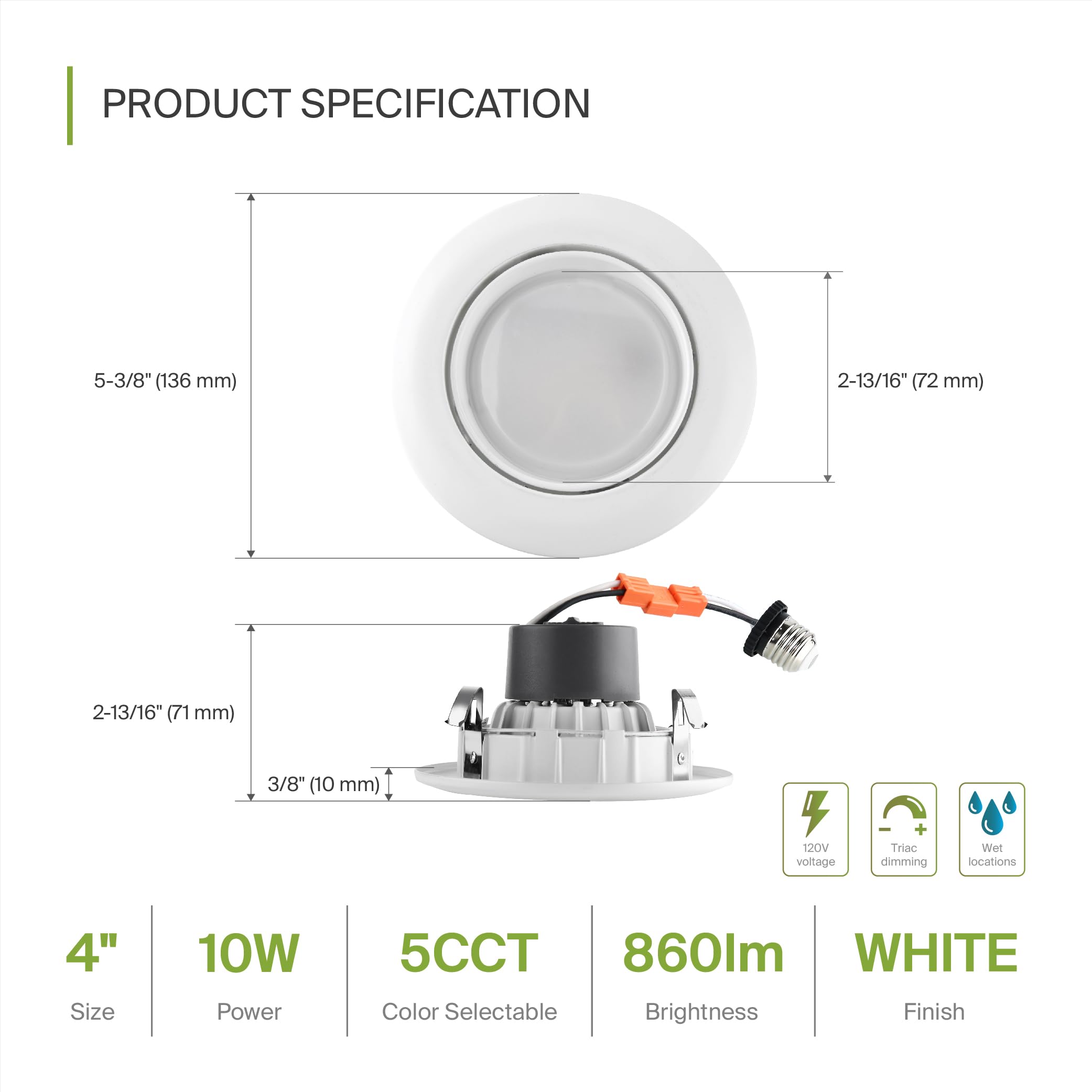 Asd Retrofit 4 Inch Gimbal Led Recessed Light - White Trim 10W 811Lm 2700/3000/3500/4000/5000K Adjustable Dimmable Led Downlight