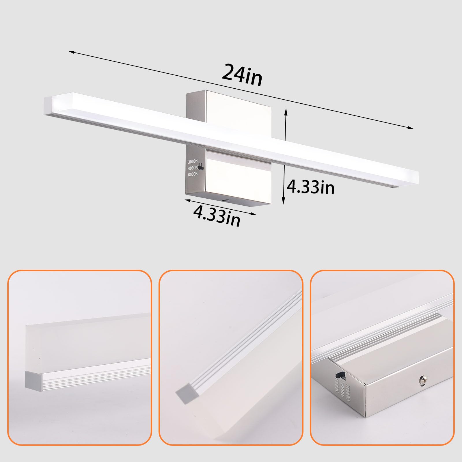 Amansour Led Bathroom Vanity Light 24In 12W Adjustable Temperature (3000K, 4000K, 5000K) Mirror Lighting Fixture Chrome Modern I