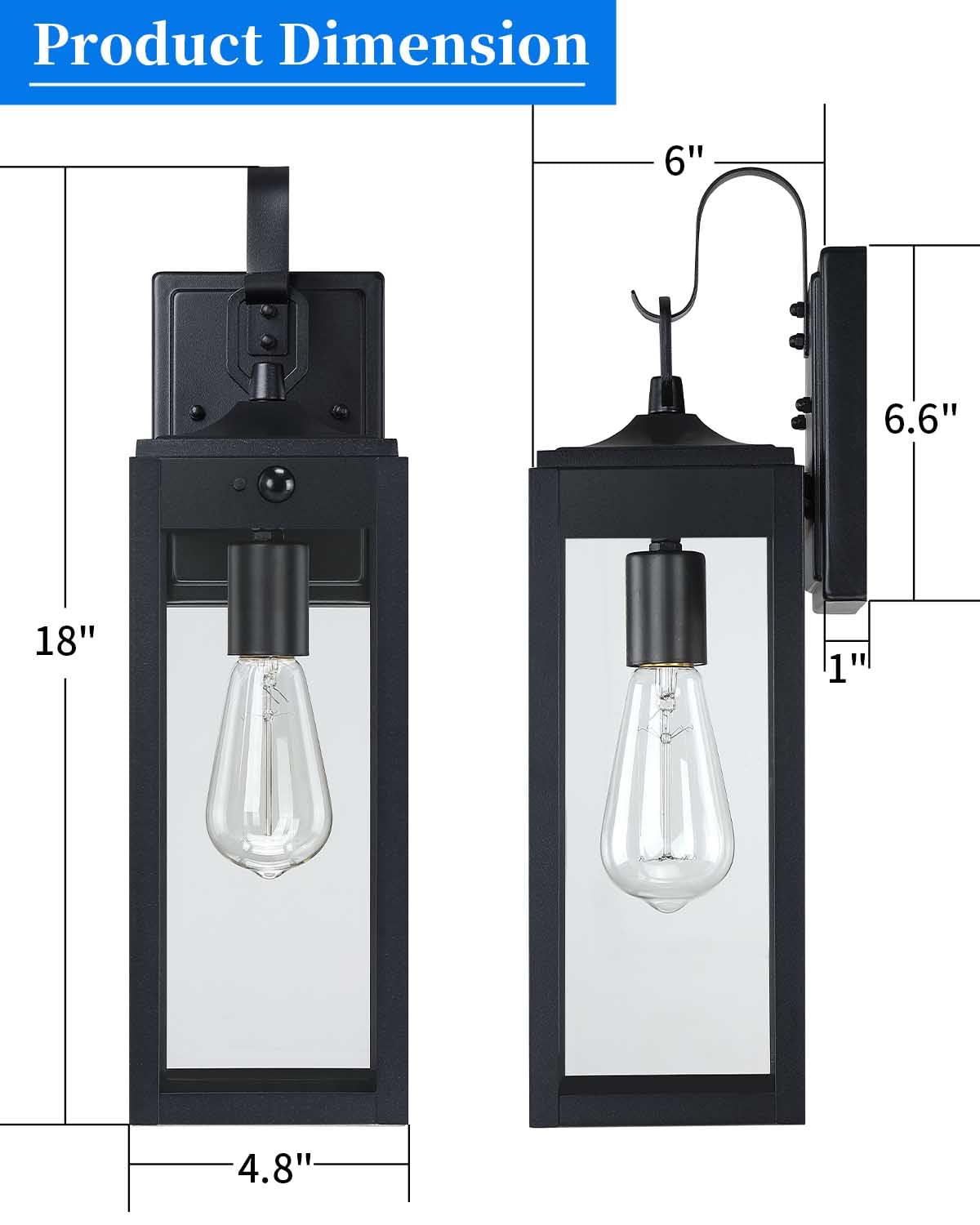 MYHXQ 18'' Motion Sensor Outdoor Lights - Black Metal Wall Sconces, Dusk to Dawn, 2 Pack, Modern Design for Porch and Garage