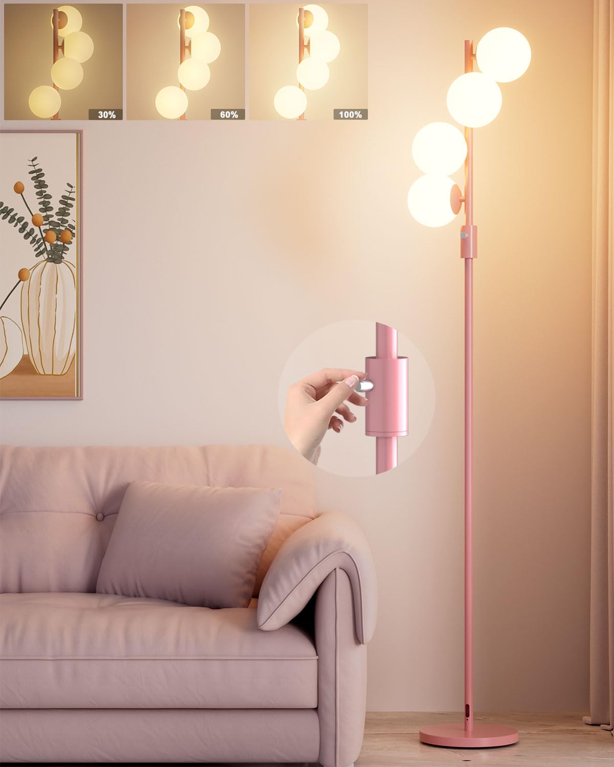 Lightdot 64IN Dimmable Globe Floor Lamp, Pink with 4PCS G9 Bulbs, Metal, Mid Century Modern