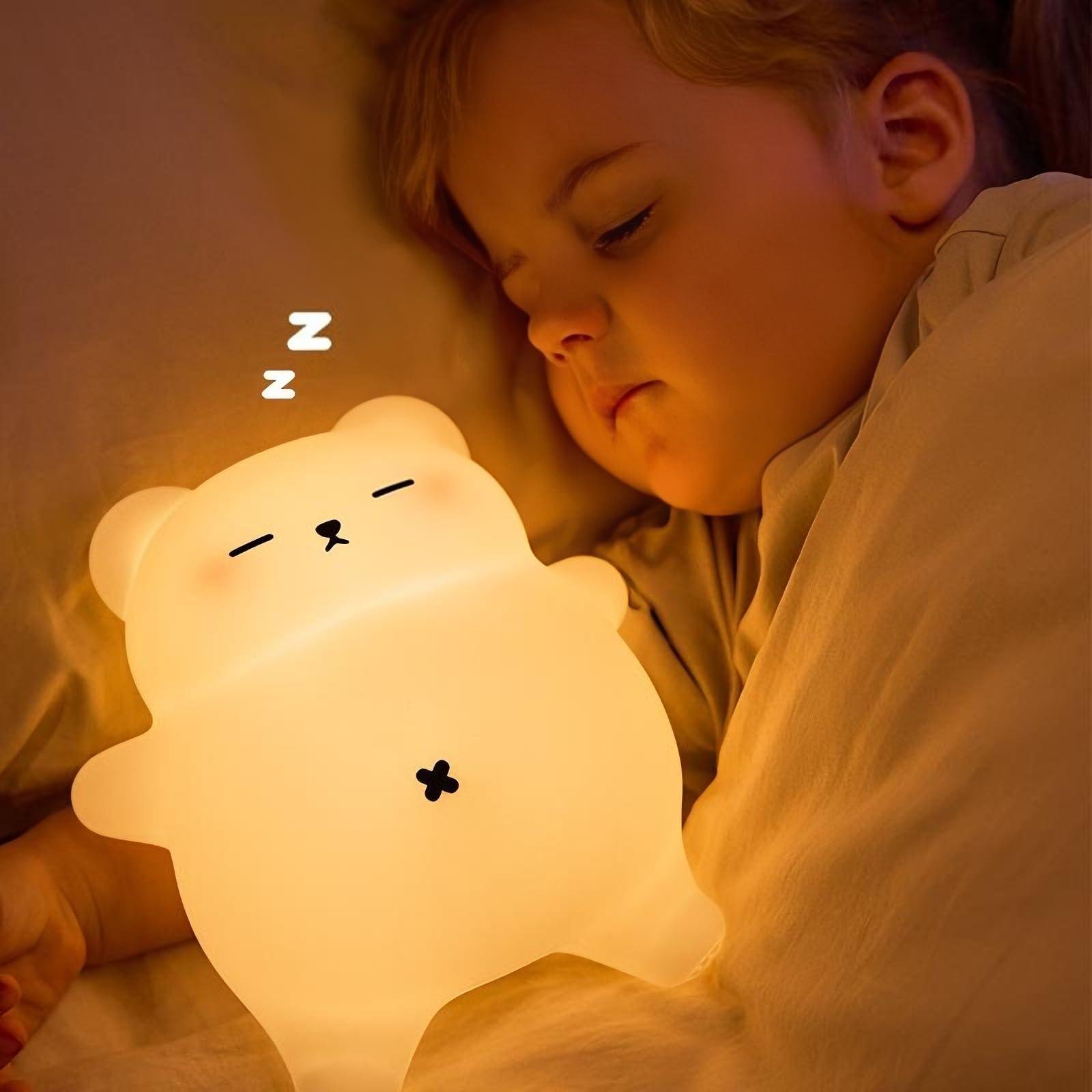 Sleeping Snoring Bear Night Light Nursery lamp for Kids,3-Level Dimmable,30Min Auto-Off Timer,Rechargeable Type-C, BPA-Free & Fo