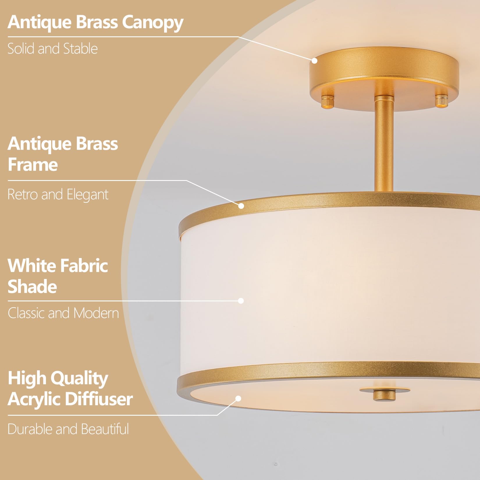 Bargeni Semi Flush Mount Ceiling Light,12.5 Inch Drum Ceiling Light,Antique Brass Finish Flush Mount Light Fixture With Fabric S