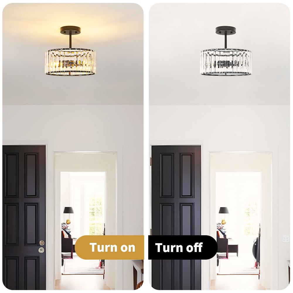 Lxybcce Modern Crystal Ceiling Light  Matte Black Semi Flush Mount Ceiling Lighting Fixture  Hallway Light Fixtures Chandelier For Kitchen  Bedroom Dining Room Hallway Closet  3-Light  12 Inch