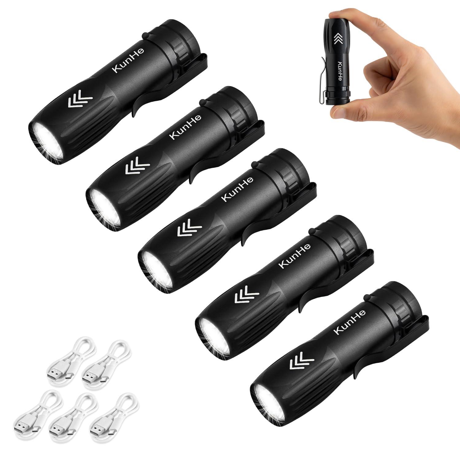 KunHe Mini Pocket LED Flashlight, USB Rechargeable, High Lumens, Model KH-003, Pack of 5, Style 1