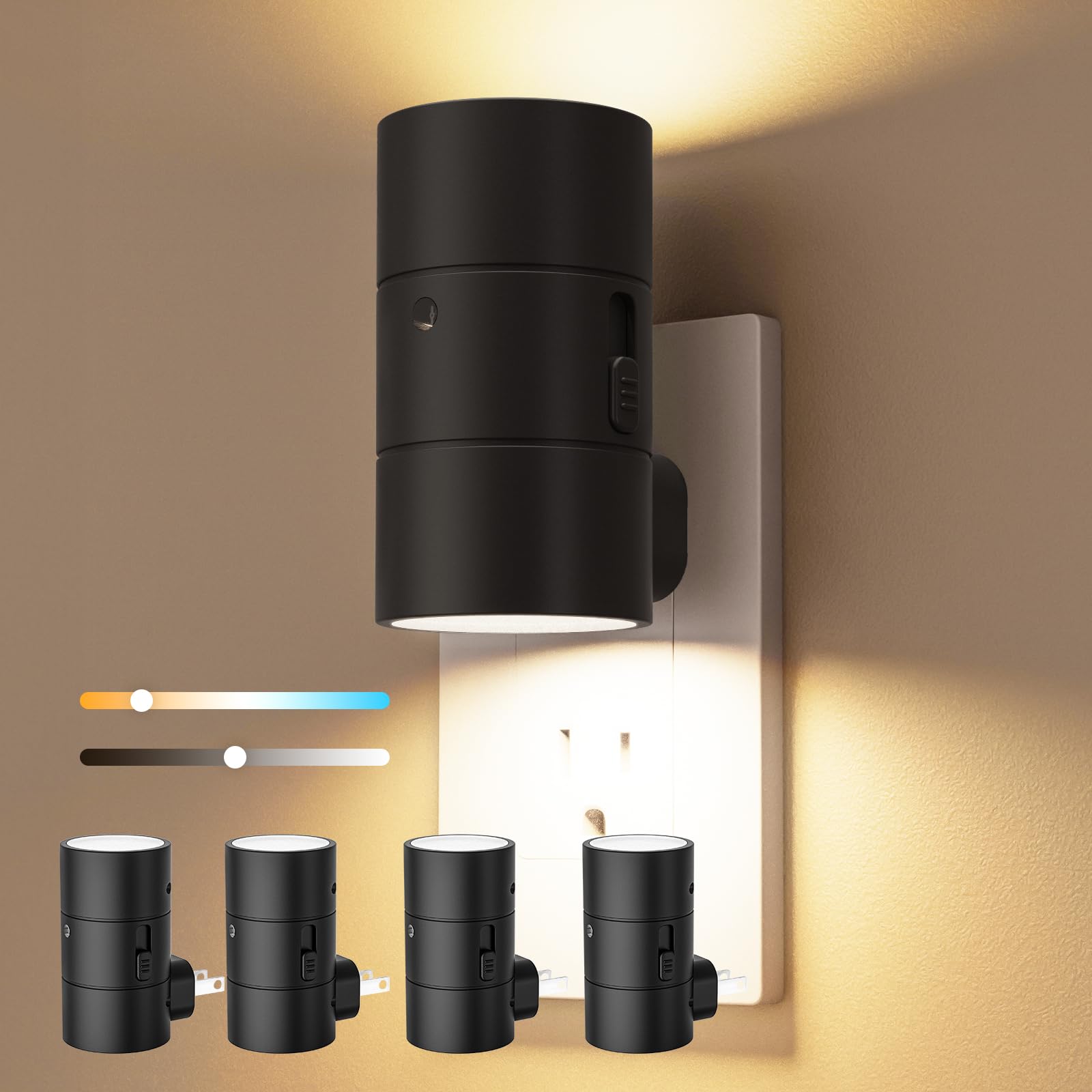 VOLISUN Dimmable LED Night Lights with Dusk to Dawn Sensor, 0-100LM, 3 Color Temps, Compact, Black, 4 Pack, Model LH-XYD001