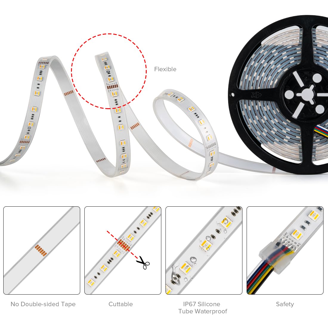 BTF-LIGHTING RGBWW LED Tape Lights 16.4FT 300 LEDs 2700K-6500K Dimmable IP67 DC24V RGBCCT