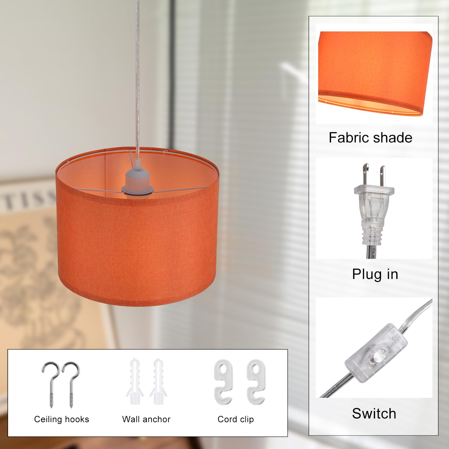 IHENGYANLT Pendant Light, 15Ft Clear Cord, On/Off Switch, Dark Orange Fabric Shade, Model P450