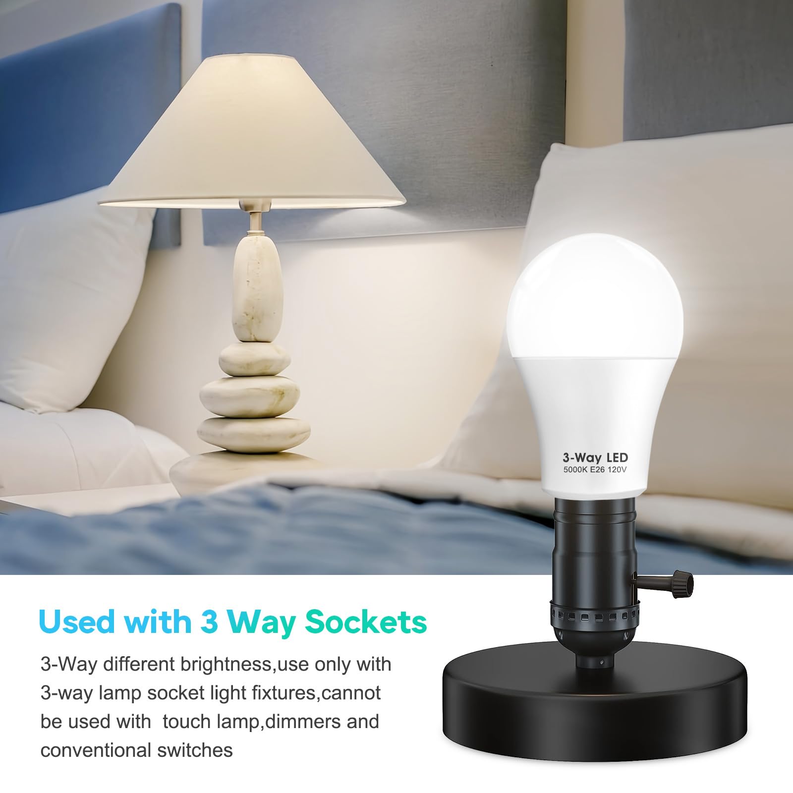 Gonhom 3 Way Led Light Bulbs 50 100 150W Equivalent, Daylight White 5000K 3 Way Light Bulbs, A19 Three Way Light Bulbs,E26 Base 3-Way Light Bulbs For Reading,Living Room-4 Pack