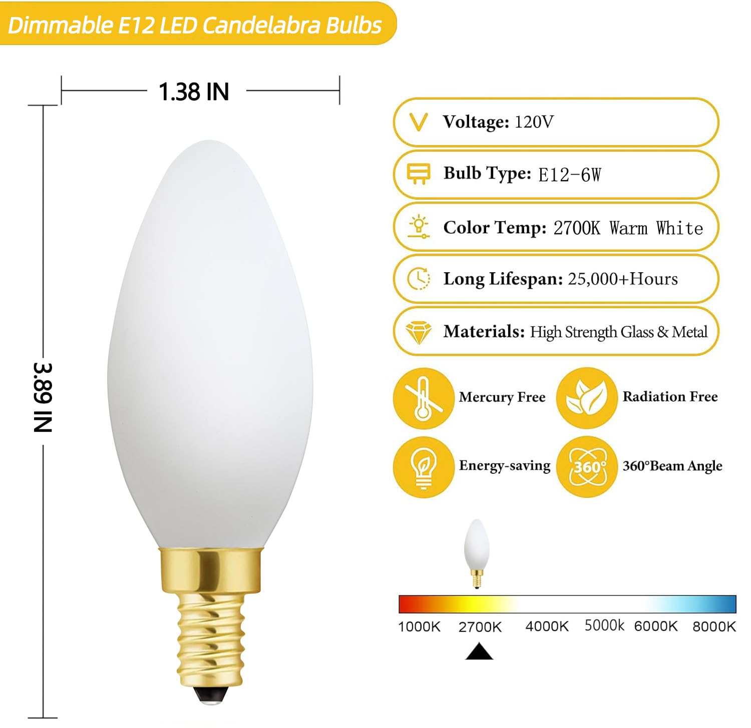 Xininsun Frosted Led Chandelier Light Bulbs 60 Watt Equivalent,E12 Led Bulb Dimmable, Milky White Led Candelabra Bulb,Type B Can