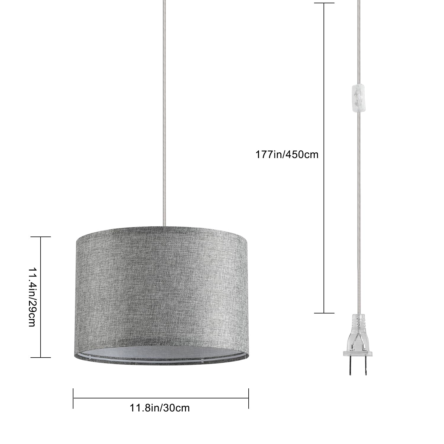 Ihengyanlt 2 Pack Plug In Pendant Light, Hanging Light With 15Ft Clear Cord, On/Off Switch, Grey Fabric Lamp Shade, Hanging Light Fixture For Bedroom, Kitchen, Living Room, Dining Table