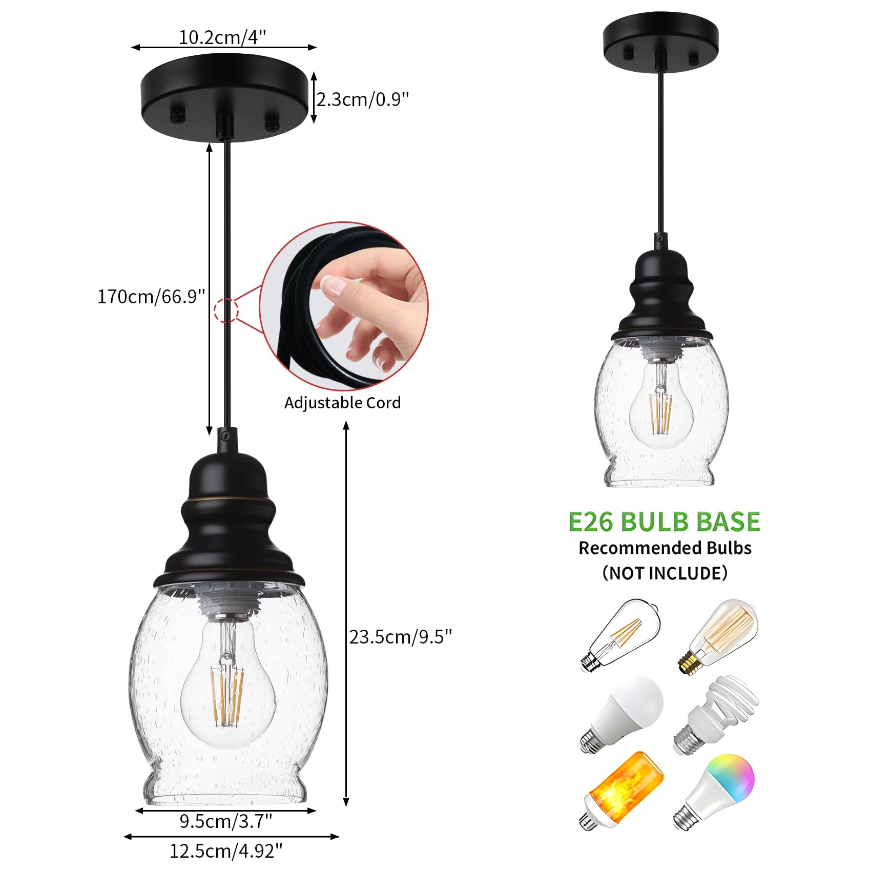 Wilon Mini Pendant Lights For Kitchen, Seeded Glass Pendant Light Fixtures Farmhouse Pendant Lighting Metal Black Pendant Light