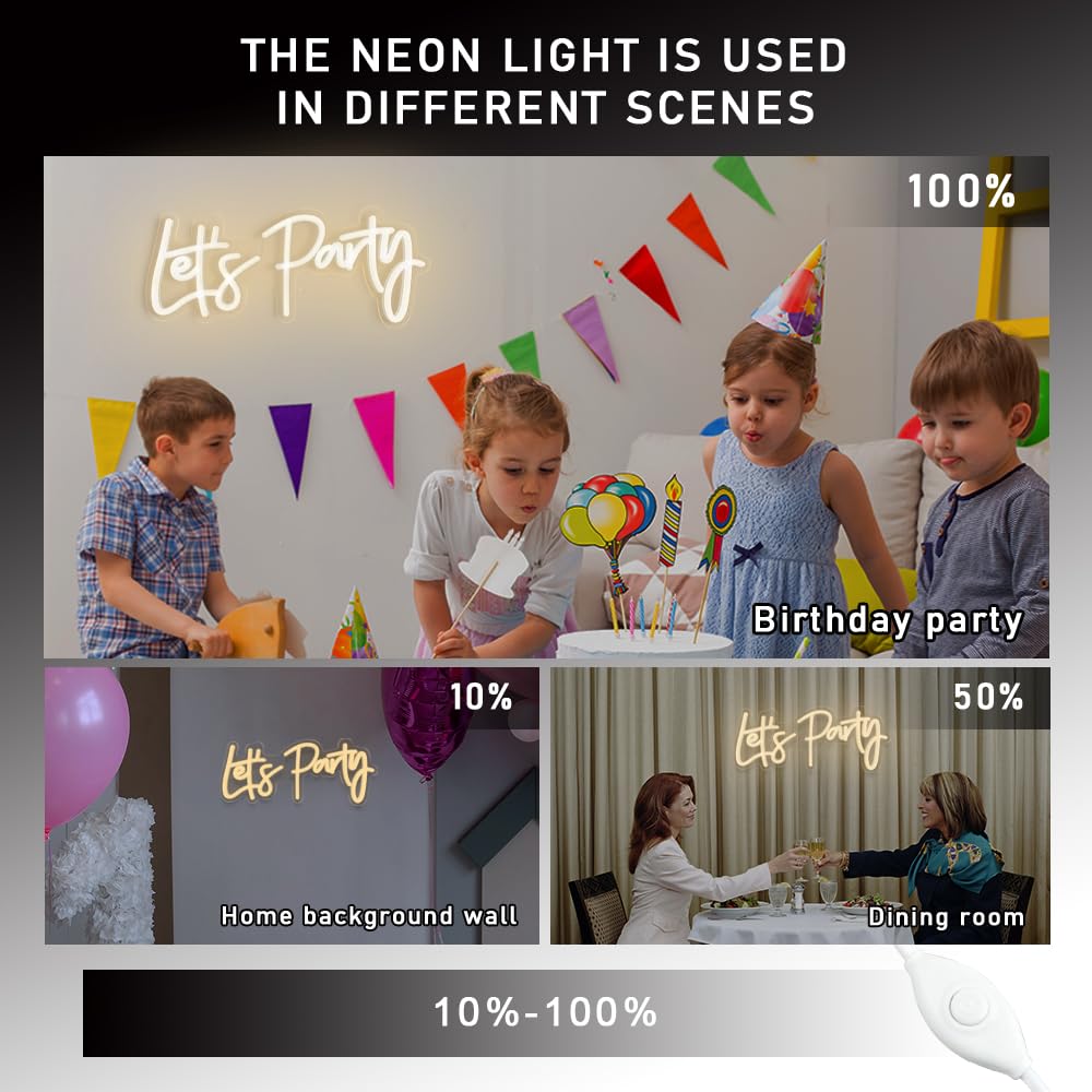 Colysor Neon Sign - Lets Party, Dimmable, 17x7.5inch, Warm White Acrylic Wall Decor for Birthday, Wedding, Bachelorette, Valentines Day