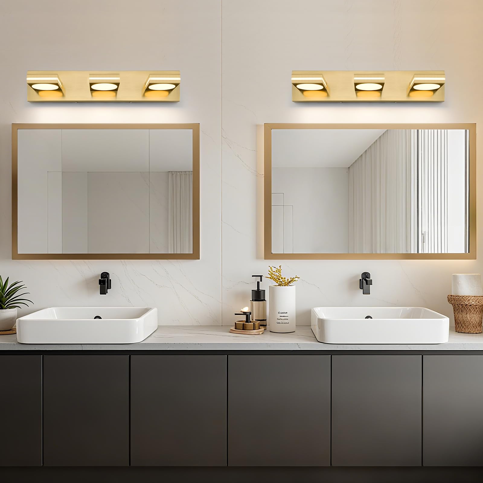 Okeli 3-Light Led Bathroom Vanity Light Fixtures  Gold Modern Bathroom Wall Lighting Fixtures Over Mirror (3Cct  3000K-6000K)