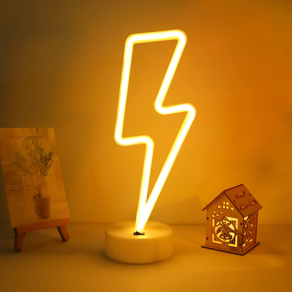 Enuoli Lightning Neon Signs Warm White Decoration Art Led Lightning Neon Lights With Base Indoor For Living Room Office Christma