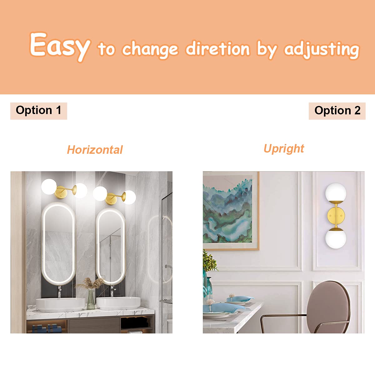 Tipace Gold Wall Sconce 2 Lights, Mid Century Modern Globe Wall Light, Golden Globe Wall Sconce For Restaurant Living Room Bedsi