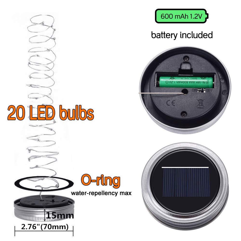 SunKite Solar Mason Jar Lights, 8 Pack, 20 LED Waterproof Fairy Lights, Aluminum, Warm White, 2.7 inches, No Jars Included