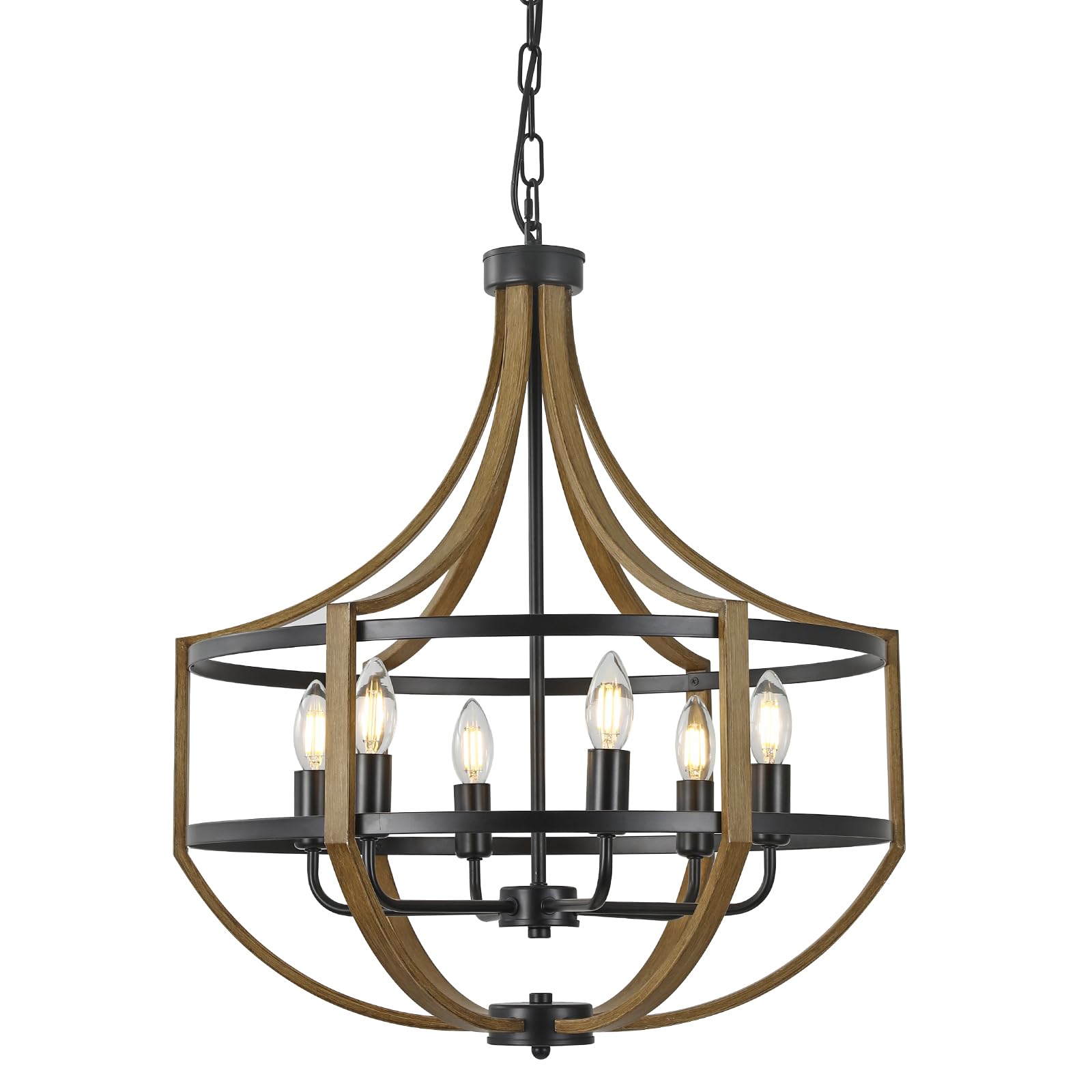 22'' Large Farmhouse Chandelier For Dining Room, Retro Wood Texture & Black Finish, 6-Light Adjustable Height Rustic Pendant Lig
