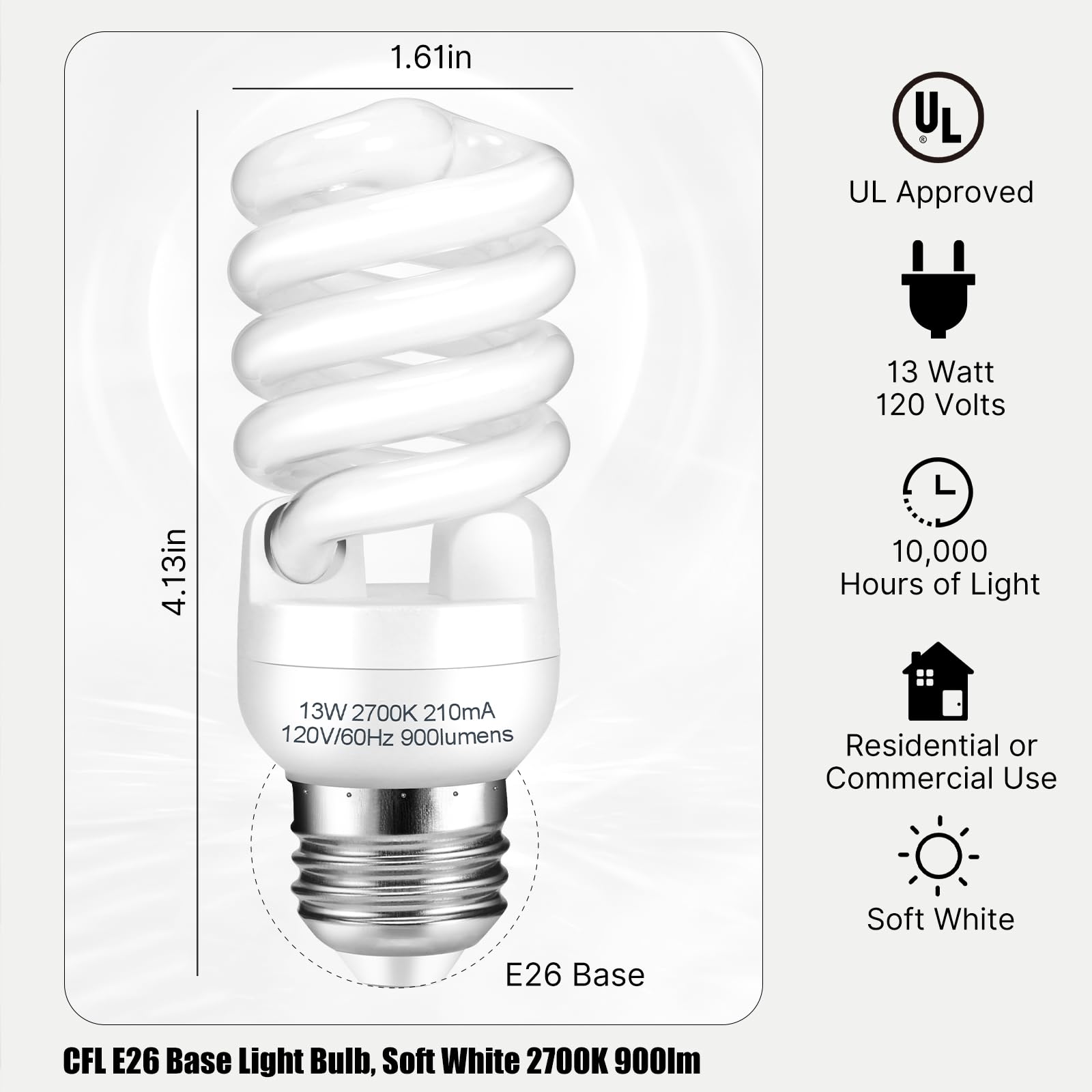 Barfelty E26 CFL Light Bulbs 13W, Soft White 2700K, 900lm, Pack of 12, Glass, UL Approved
