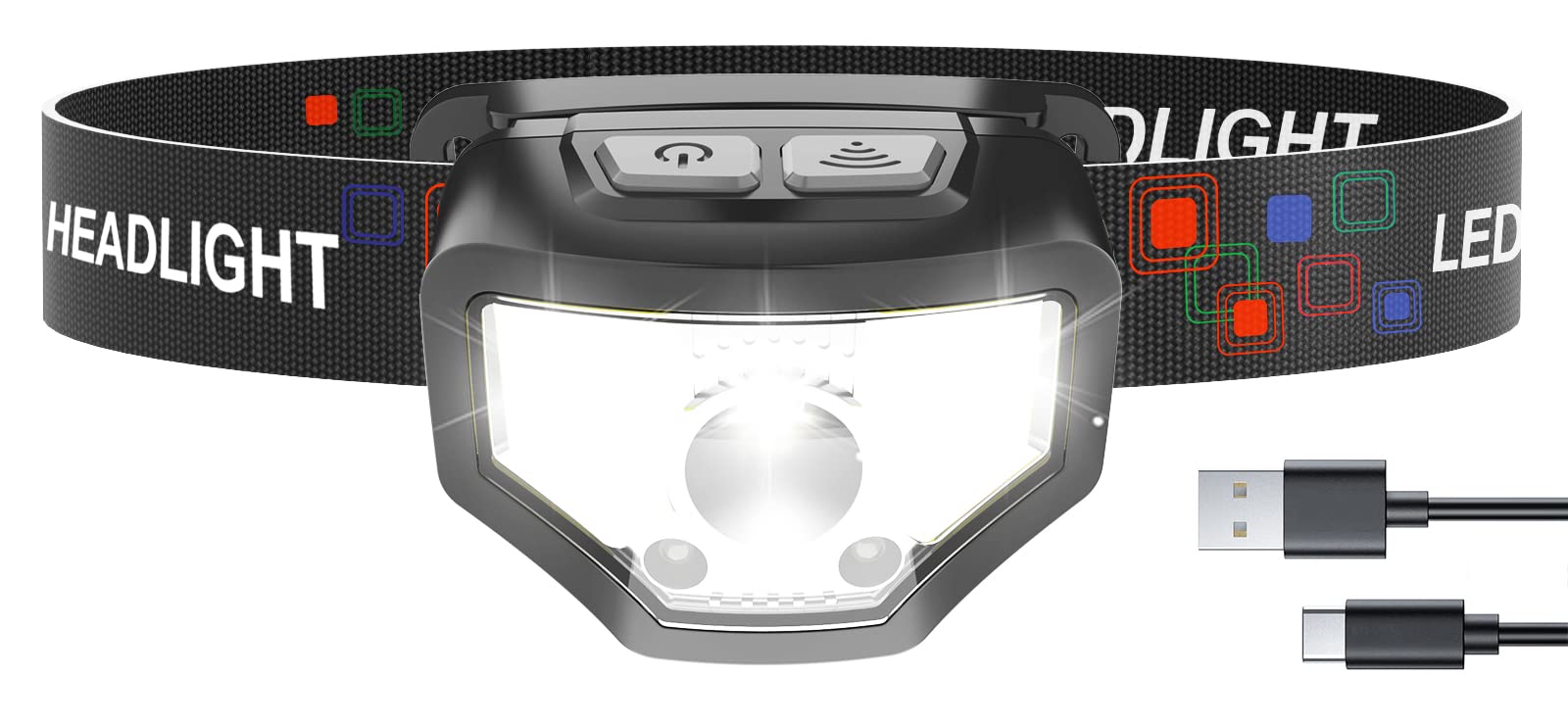 Curtsod Headlamp Rechargeable, 1200 Lumen Super Bright With White Red Led Head Lamp Flashlight, 12 Modes, Motion Sensor, Waterpr