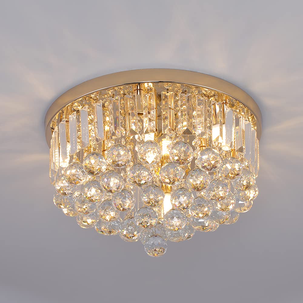 Gopmmy Mini Crystal Chandelier Ceiling Light, 16in Flush Mount, French Gold, Model XU-011, Modern K9 Crystal Design for Dining Room & Bedroom