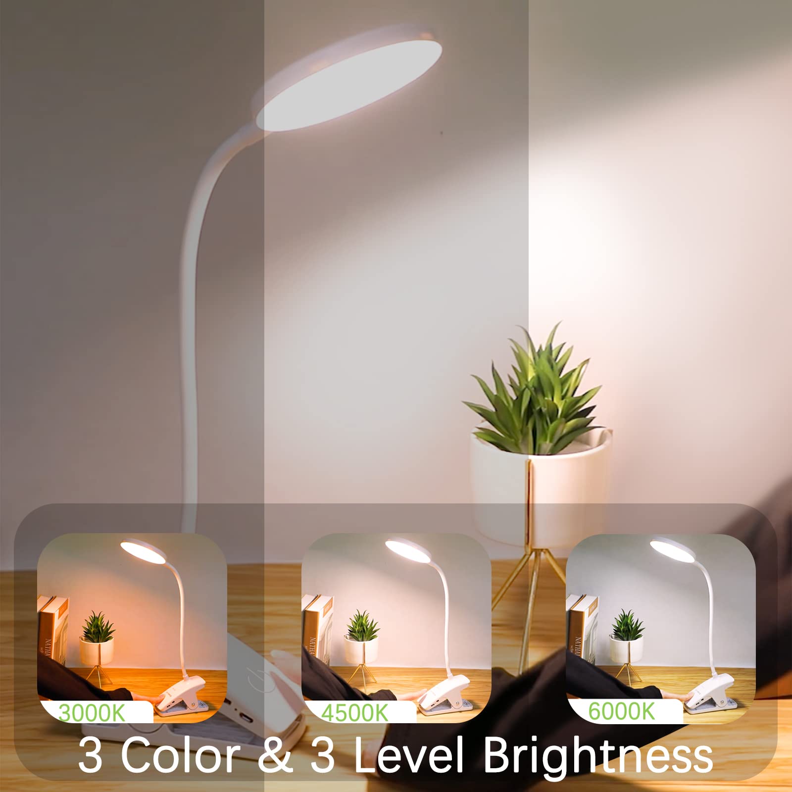 Sunlong Dorm Room Essential Clip On Light Wall-Mounted, 3 Color Portable Desk Light Mini Clip Lamp, Battery Operation Small Desk