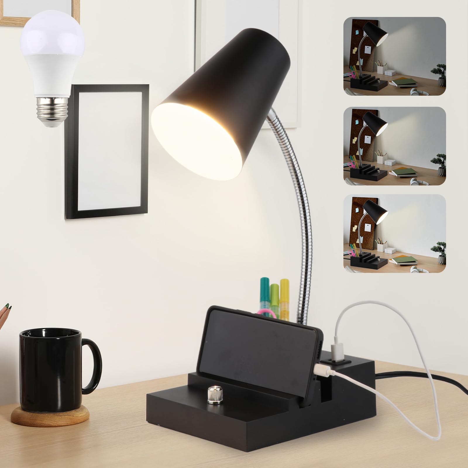 LALISU Study Desk Lamp with USB Charging and Type-C Night Light, Gooseneck LED Table Lamp Stepless Dimming Study Table Lamp with