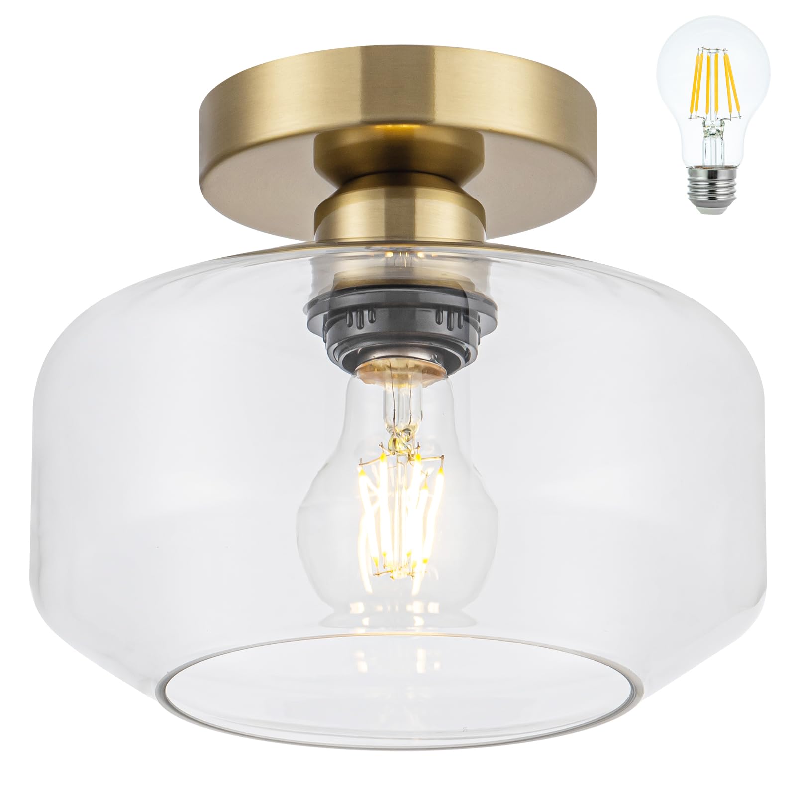 Tbaoinla Simple and Elegant semi Flush Mount Ceiling Light Clear Glas Brass and Golden Metal Base Includes 900 Lumen LED Light B